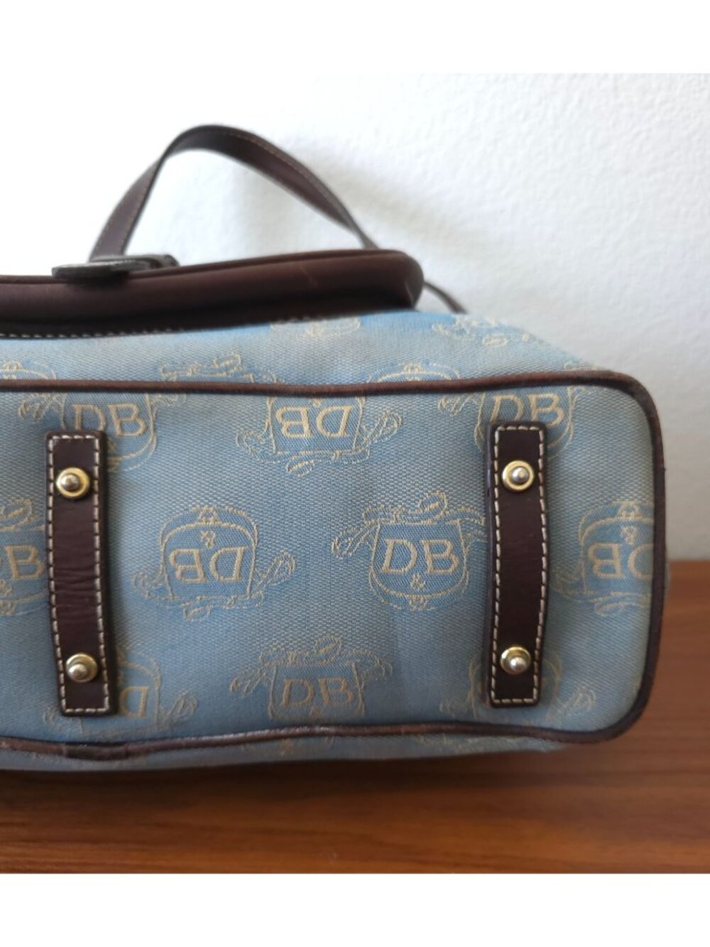 Dooney & Bourke East/West Blue & Brown Canvas Logo Tote w/ Matching Coin Pouch - Picture 5 of 14